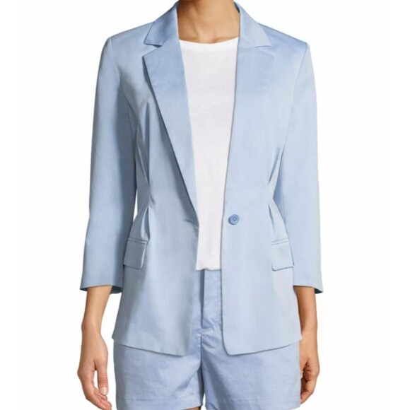 $348 NWT JOIE Size 12 LIAN PLEATED 3/4 SLEEVE ONE BUTTON STRETCH BLAZER CHAMBRAY - Picture 2 of 13